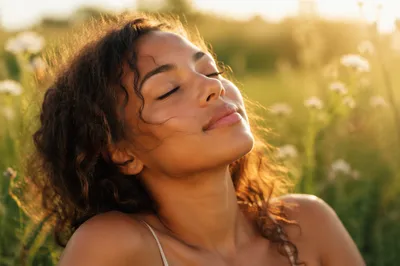Peaceful Woman in Summer Sunlight Close Up