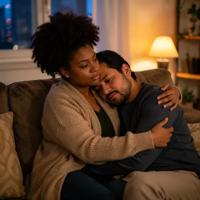 Two Friends Embracing on Living Room Sofa