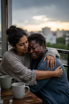 Friends Embracing on Rainy Balcony