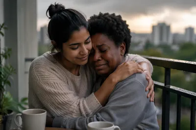 Two Friends Hugging on Rainy Balcony