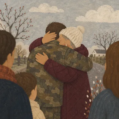 Tearful Joyful Reunion Embrace on Rural Road