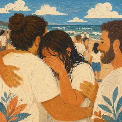 Joyful Beach Reunion Embrace With Tears