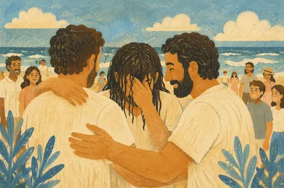 Joyful Beach Reunion Embrace With Tears