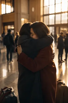 Tearful Reunion Embrace at Train Station