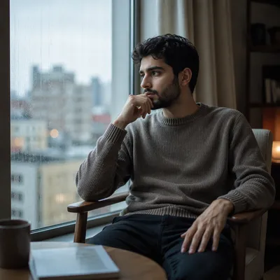 Contemplative Man by Rainy Apartment Window