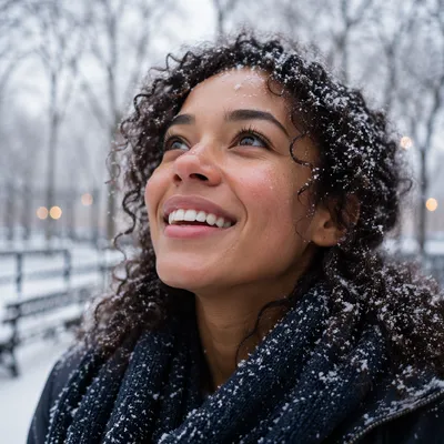 Young Woman Enjoying First Snowfall