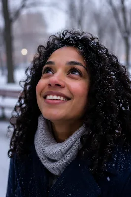Young Woman Enjoying First Snowfall
