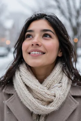 Young Woman Enjoying First Snowfall