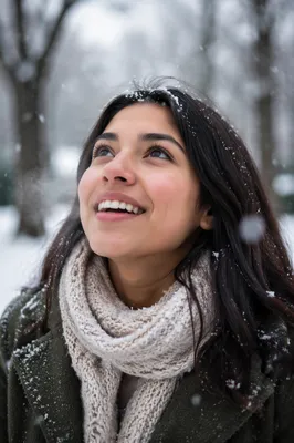 Young Woman Enjoying First Snowfall