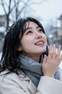 Young Woman Enjoying First Snowfall