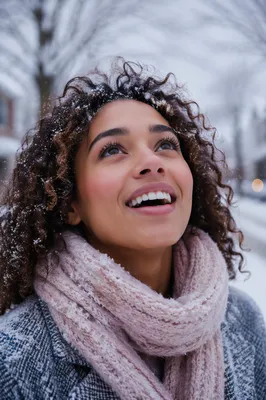 Joyful Woman in First Snowfall Close-Up