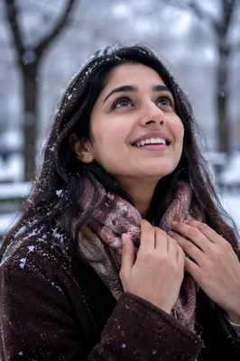 Joyful Woman in First Snowfall Close-Up