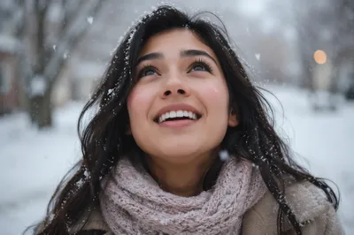 Young Woman Enjoying First Snowfall Close Up