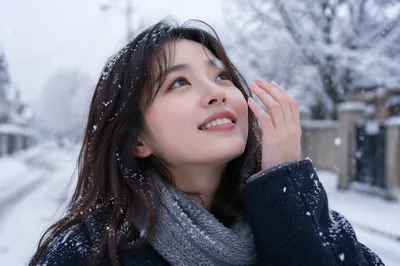 Young Woman Enjoying First Snowfall