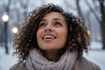 Young Woman Enjoying First Snowfall