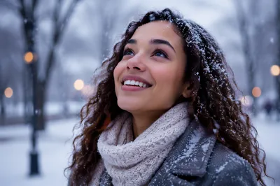 Joyful Woman in First Winter Snow