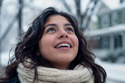 Young Woman Enjoying First Snowfall