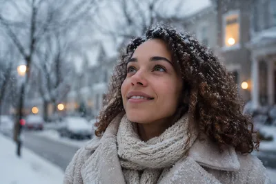 Young Woman Enjoying First Snowfall