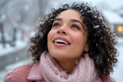 Young Woman Enjoying First Snowfall