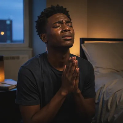 Young Man Praying Beside Bed
