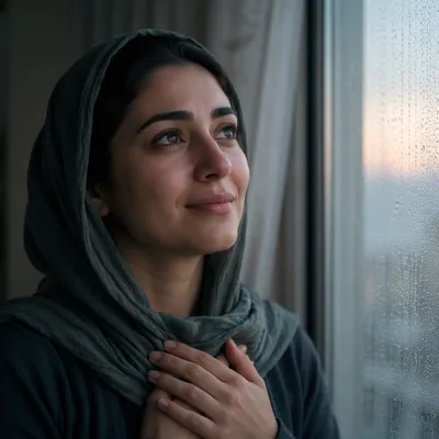 Hopeful Young Woman by Rainy Window