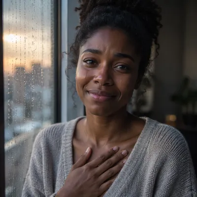Hopeful Young Woman by Rainy Window