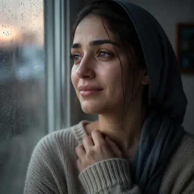 Hopeful Young Woman by Rainy Window