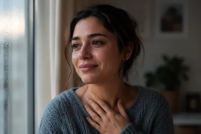 Hopeful Young Woman by Rainy Window