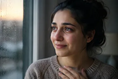 Hopeful Young Woman by Rainy Window