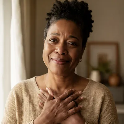 Grateful Woman with Hands Over Heart
