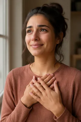 Grateful Young Woman by Sunlit Window