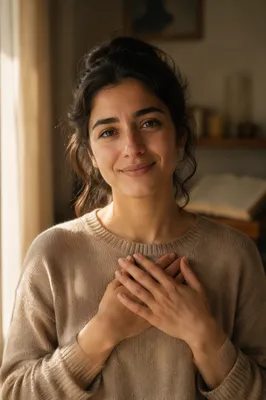 Grateful Young Woman with Hands on Heart