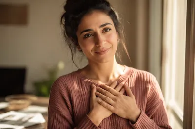 Grateful Woman with Hands Over Heart