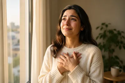 Grateful Woman by Sunlit Apartment Window