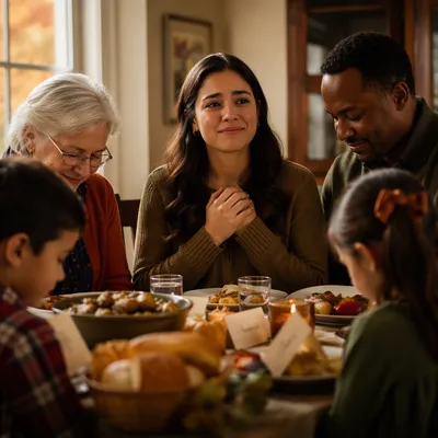 Grateful Family Gathering Around Dinner Table