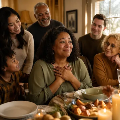 Grateful Woman at Family Dinner Table