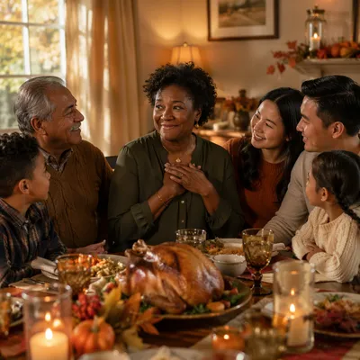 Grateful Family at Thanksgiving Dinner Table