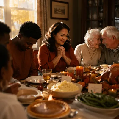 Family Giving Thanks at Thanksgiving Table