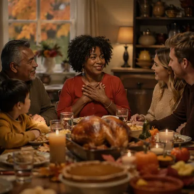 Grateful Family at Thanksgiving Dinner Table
