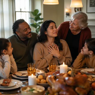 Grateful Family Gathering at Dinner Table