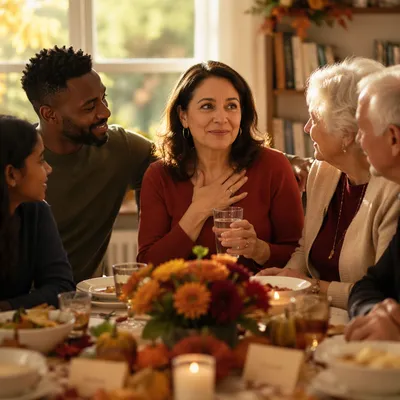 Grateful Family Gathering at Dining Table