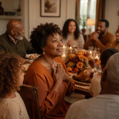 Grateful Woman at Thanksgiving Family Dinner