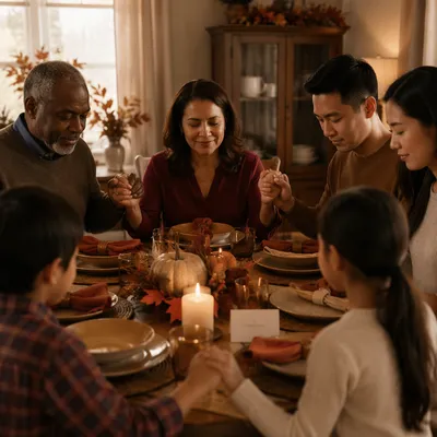 Multigenerational Family Holding Hands at Dinner