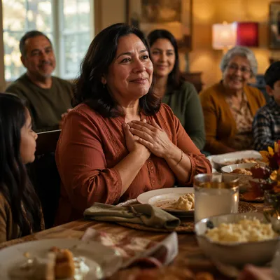 Grateful Woman at Thanksgiving Family Table