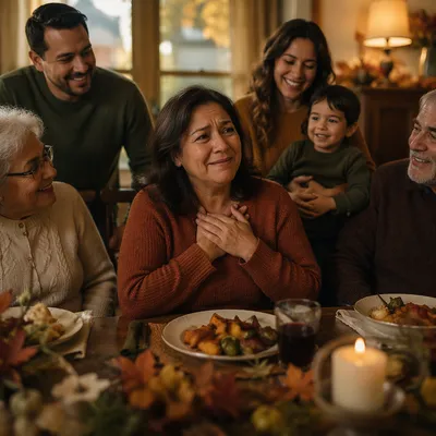 Grateful Woman at Autumn Family Dinner