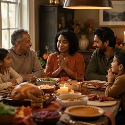 Grateful Family Gathering at Dinner Table