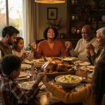 Grateful Family Holding Hands at Dinner