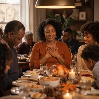Grateful Family at Thanksgiving Dinner Table