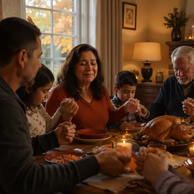 Grateful Family Holding Hands at Thanksgiving Table