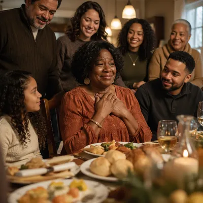 Grateful Family Around Thanksgiving Dinner Table